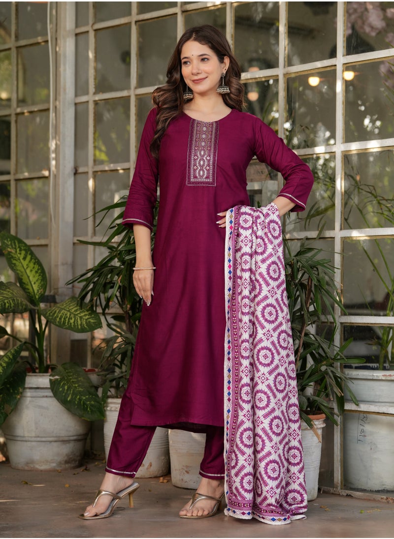 Women's Viscose Rayon Embroidery Straight Kurta with Pant and Dupatta Set.