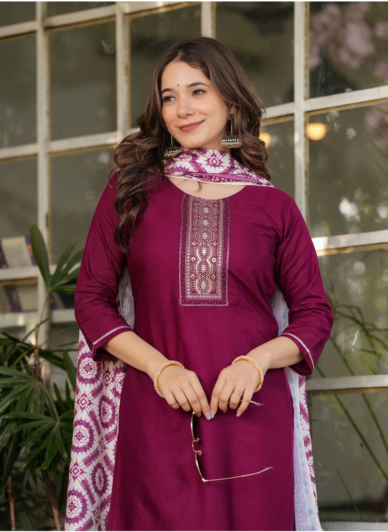 Women's Viscose Rayon Embroidery Straight Kurta with Pant and Dupatta Set.