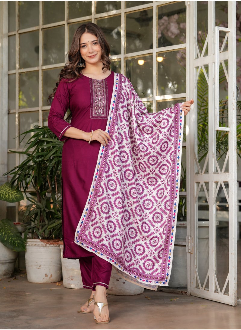 Women's Viscose Rayon Embroidery Straight Kurta with Pant and Dupatta Set.