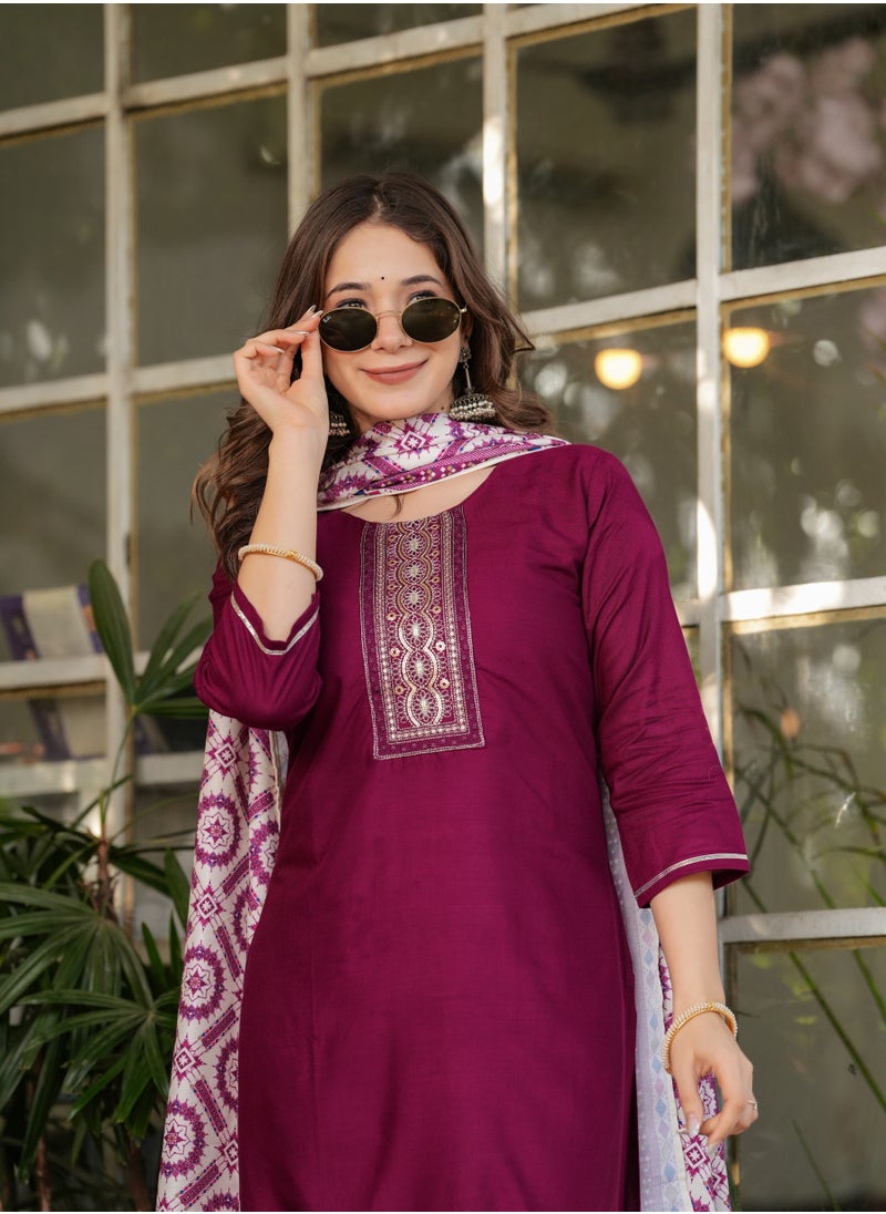 Women's Viscose Rayon Embroidery Straight Kurta with Pant and Dupatta Set.