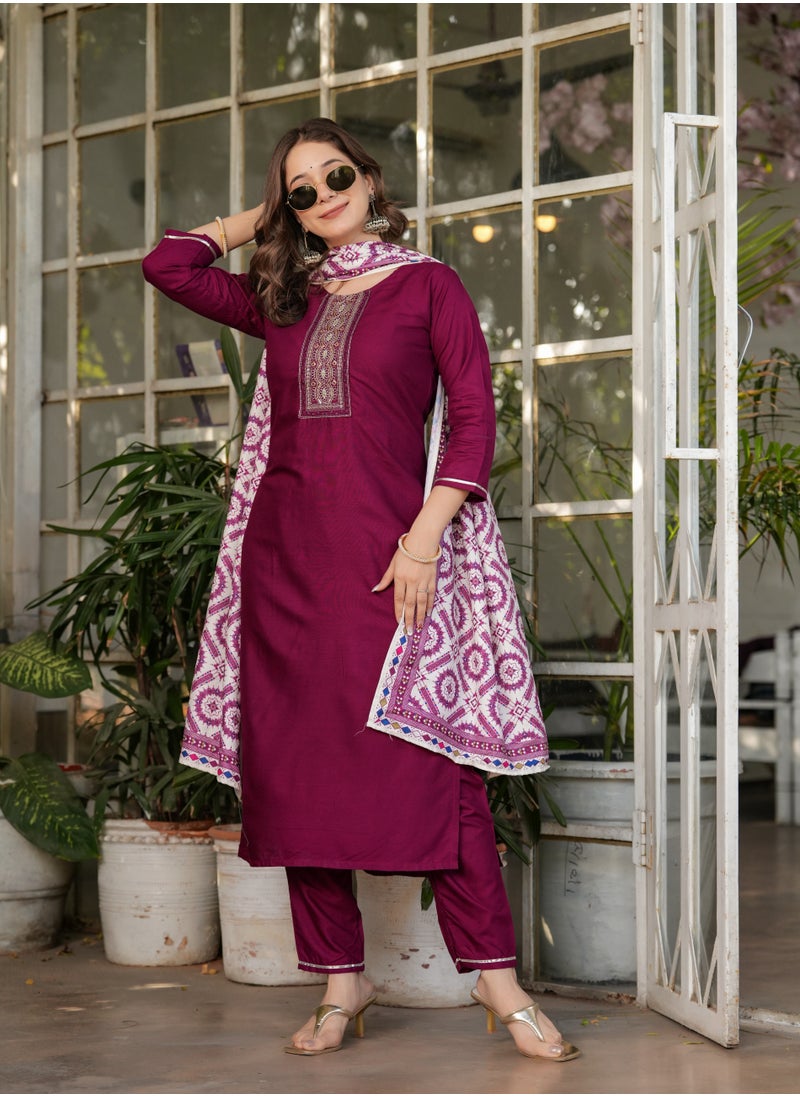 Women's Viscose Rayon Embroidery Straight Kurta with Pant and Dupatta Set.