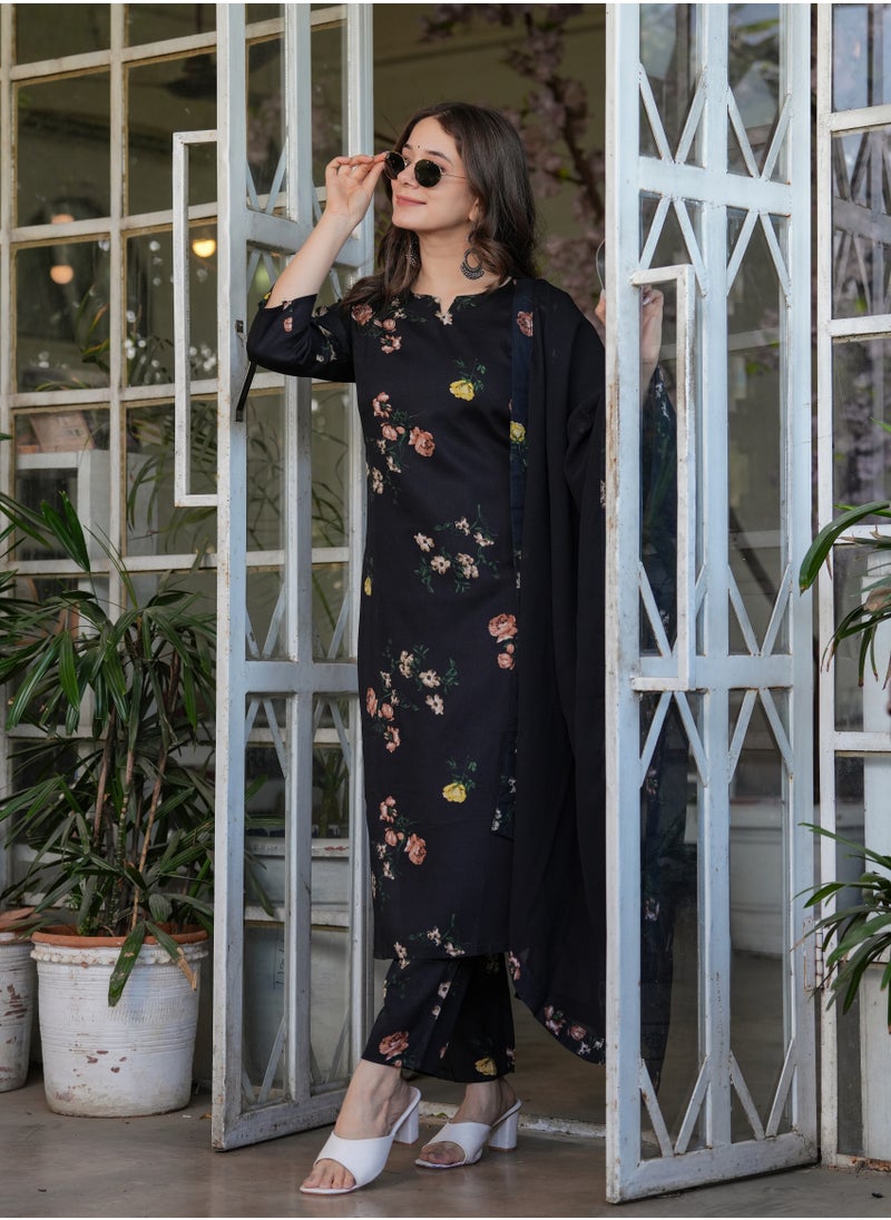 Women's Silk blend Black printed straight kurta with pant and dupatta sets