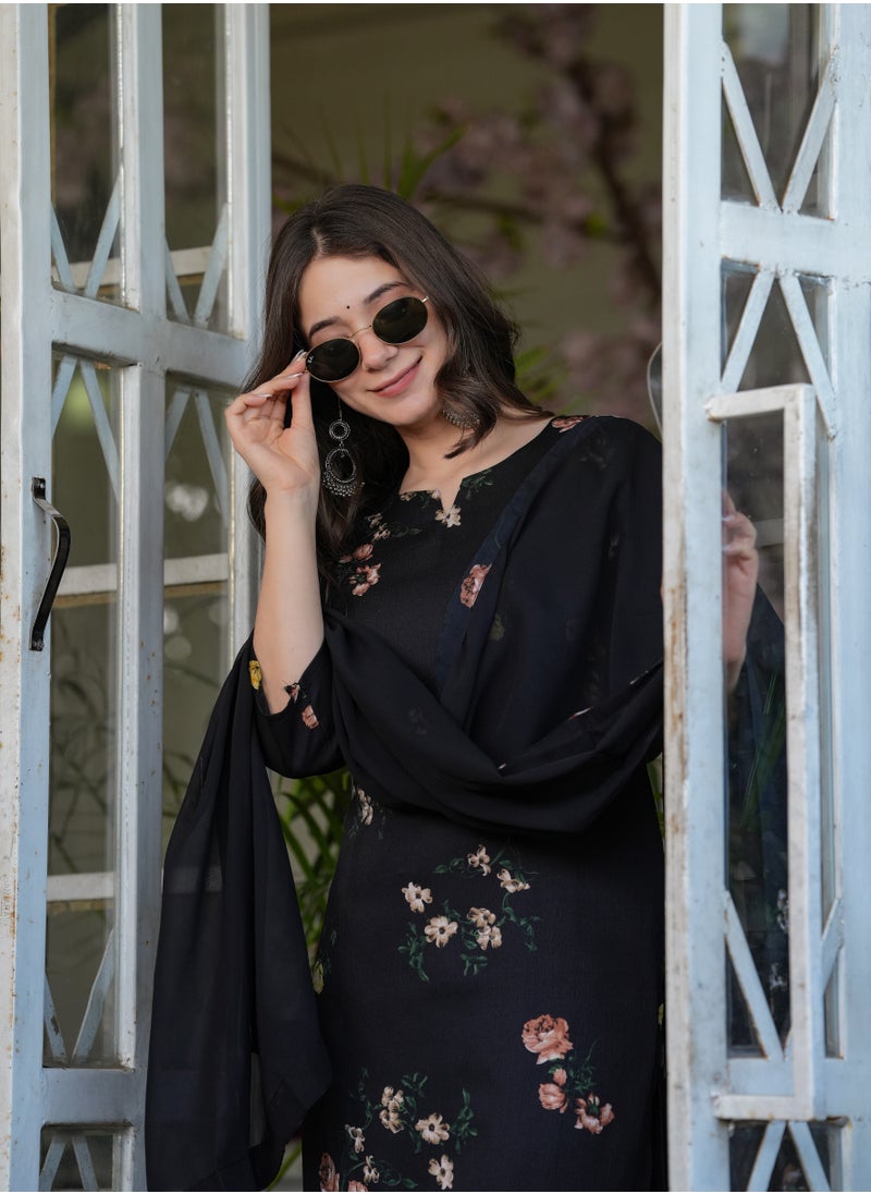 Women's Silk blend Black printed straight kurta with pant and dupatta sets