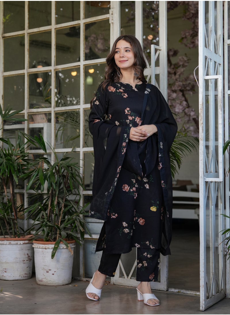 Women's Silk blend Black printed straight kurta with pant and dupatta sets