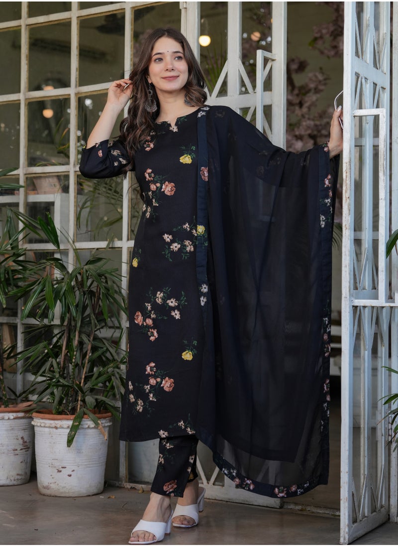 Women's Silk blend Black printed straight kurta with pant and dupatta sets