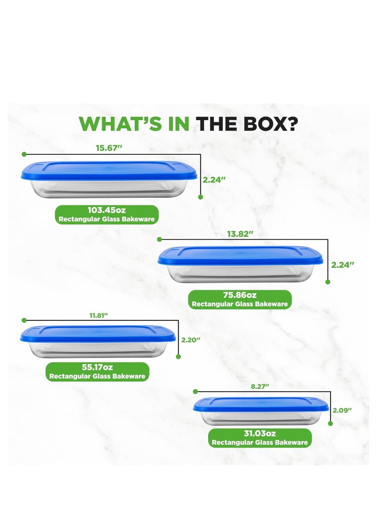 NutriChef 4-Piece Glass Baking Dish with Lids - Stackable Rectangular Glass Oven Bakeware w/Blue BPA-Free Lids - Baking Pans for Lasagna, Meatloaf, Casserole, Leftovers, & More, Dishwasher Safe