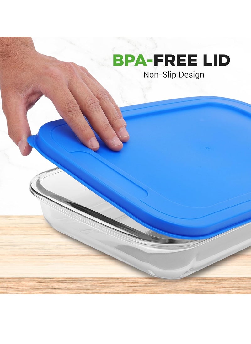 NutriChef 4-Piece Glass Baking Dish with Lids - Stackable Rectangular Glass Oven Bakeware w/Blue BPA-Free Lids - Baking Pans for Lasagna, Meatloaf, Casserole, Leftovers, & More, Dishwasher Safe