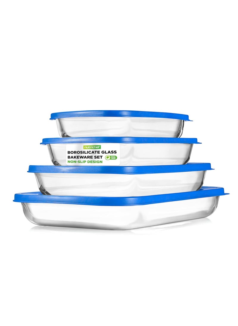 NutriChef 4-Piece Glass Baking Dish with Lids - Stackable Rectangular Glass Oven Bakeware w/Blue BPA-Free Lids - Baking Pans for Lasagna, Meatloaf, Casserole, Leftovers, & More, Dishwasher Safe