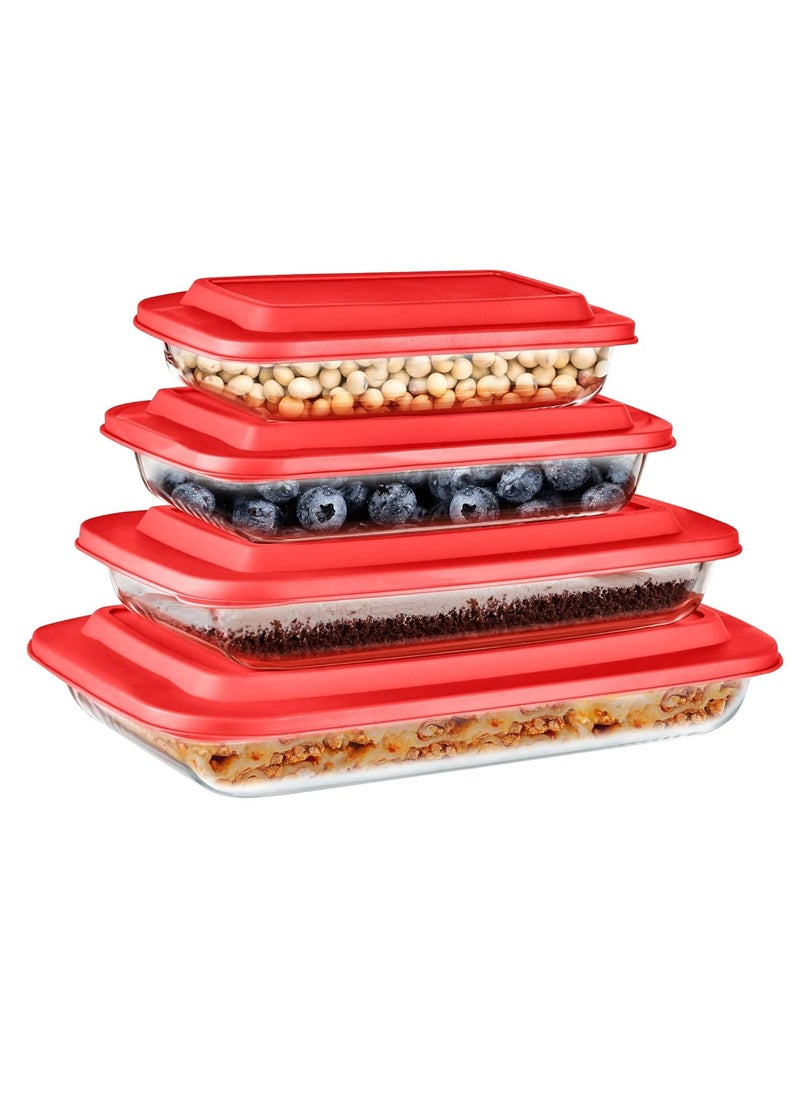 SereneLife Rectangular Glass Bakeware Set - 4 Sets of High Borosilicate with PE Lid, Heat-Resistant, Non-Slip Design, Convenient to Use & Easy to Clean, Elegant Design, Color Red SL4PBK10.5