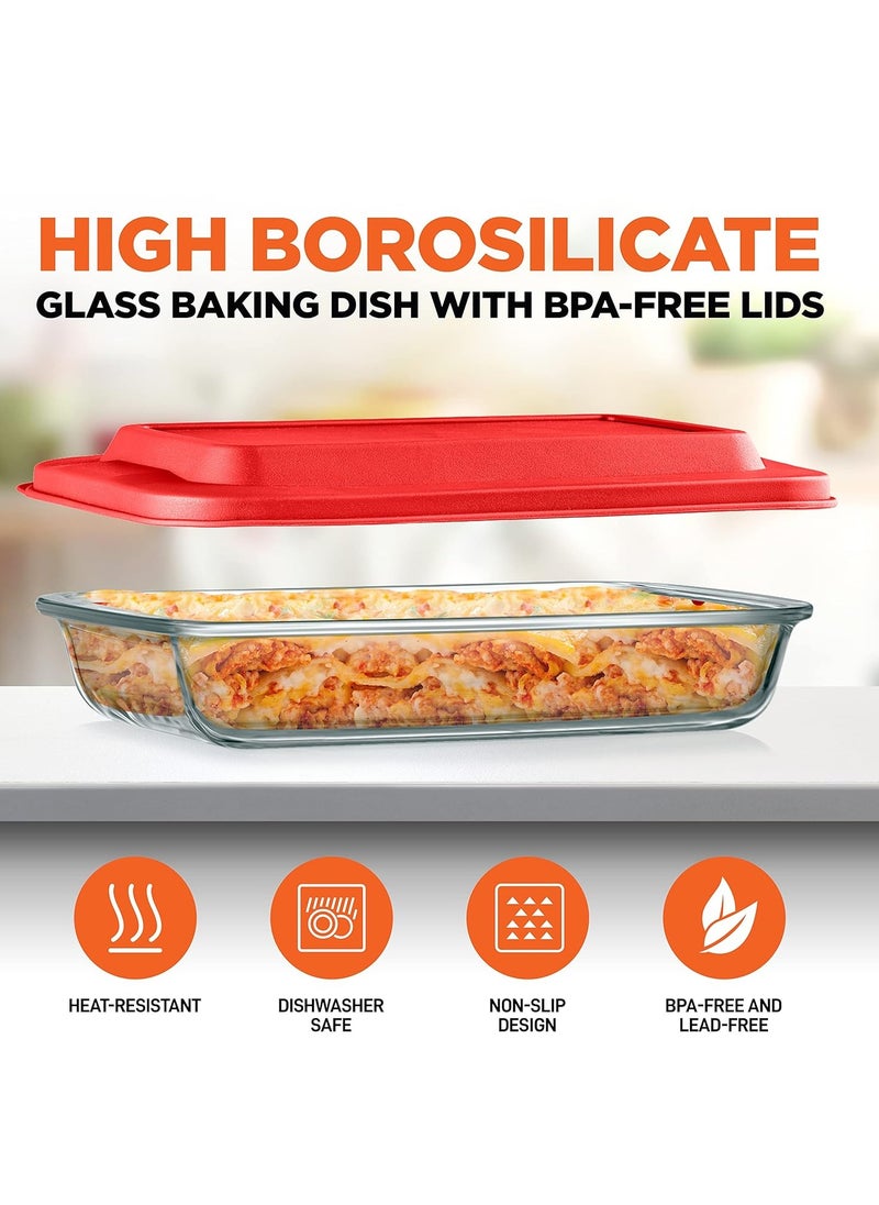 SereneLife Rectangular Glass Bakeware Set - 4 Sets of High Borosilicate with PE Lid, Heat-Resistant, Non-Slip Design, Convenient to Use & Easy to Clean, Elegant Design, Color Red SL4PBK10.5