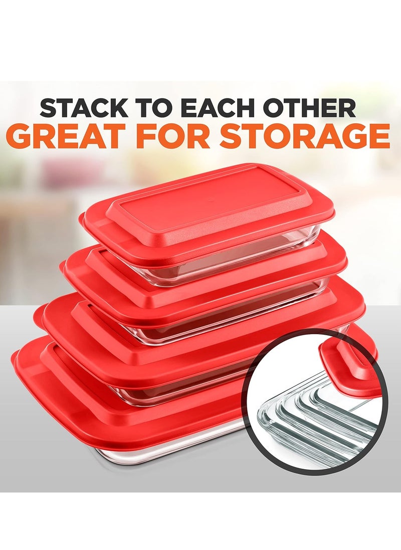 SereneLife Rectangular Glass Bakeware Set - 4 Sets of High Borosilicate with PE Lid, Heat-Resistant, Non-Slip Design, Convenient to Use & Easy to Clean, Elegant Design, Color Red SL4PBK10.5