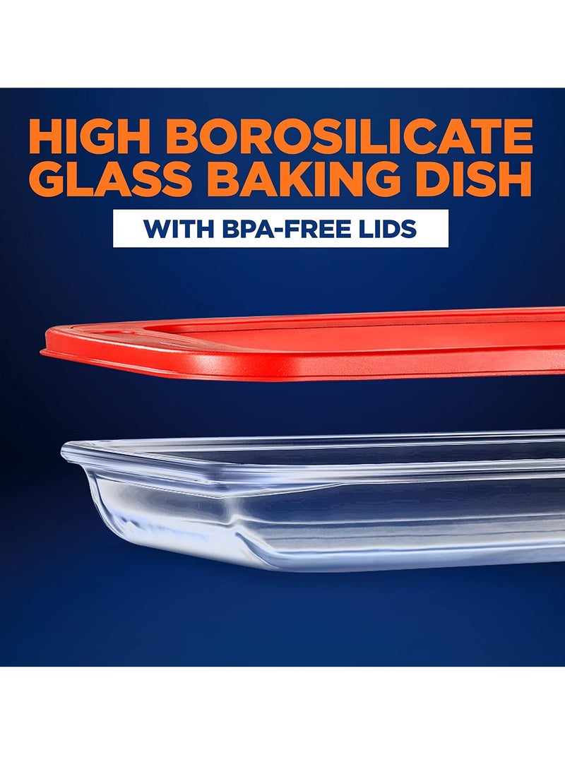 NutriChef 8-Piece Glass Bakeware Set - Glass Rectangular Baking Dishes with Red PE Lids, Ideal for Freezer-to-Oven Cooking, Casseroles, and Easy Food Storage, Stackable Design