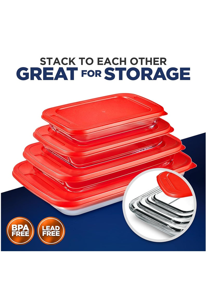 NutriChef 8-Piece Glass Bakeware Set - Glass Rectangular Baking Dishes with Red PE Lids, Ideal for Freezer-to-Oven Cooking, Casseroles, and Easy Food Storage, Stackable Design