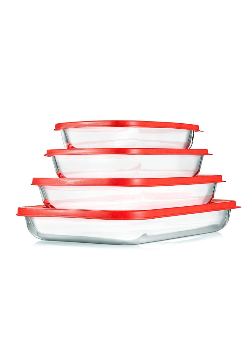 NutriChef 8-Piece Glass Bakeware Set - Glass Rectangular Baking Dishes with Red PE Lids, Ideal for Freezer-to-Oven Cooking, Casseroles, and Easy Food Storage, Stackable Design