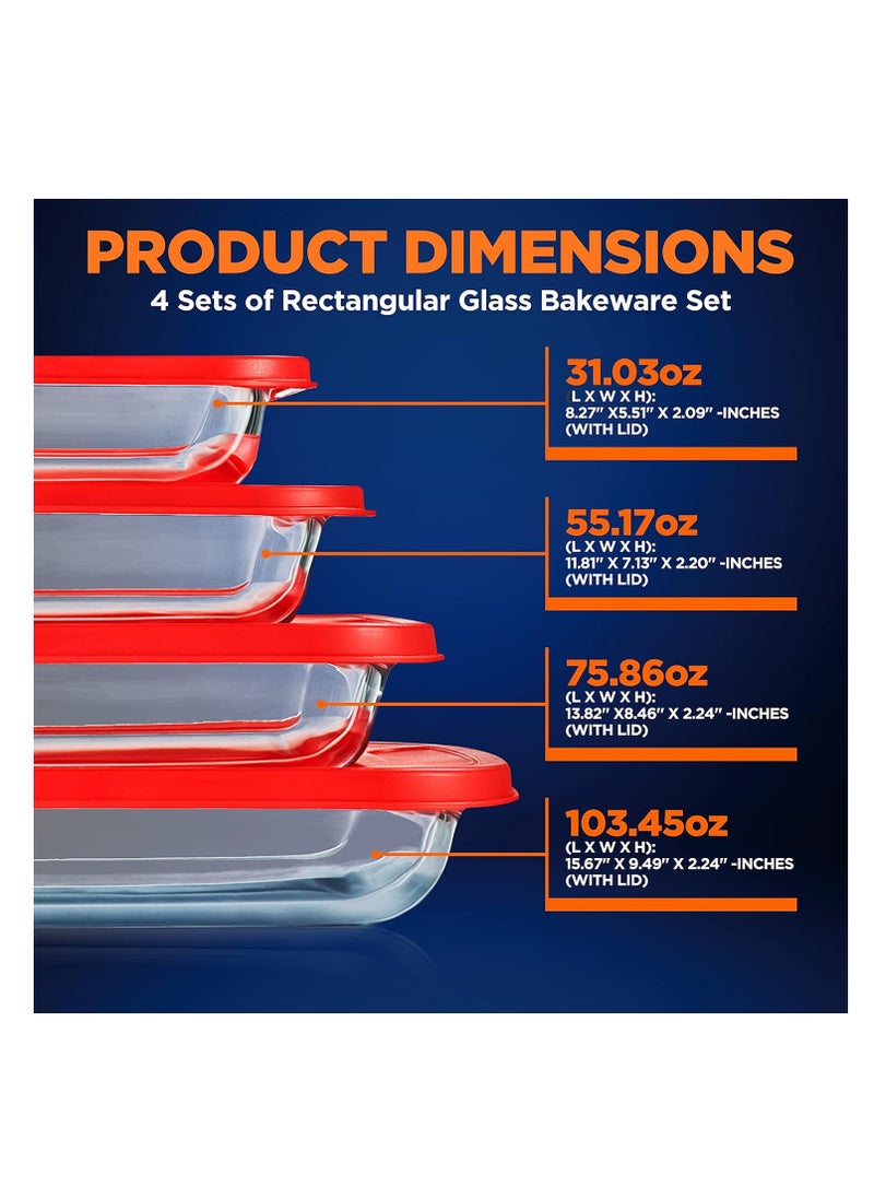 NutriChef 8-Piece Glass Bakeware Set - Glass Rectangular Baking Dishes with Red PE Lids, Ideal for Freezer-to-Oven Cooking, Casseroles, and Easy Food Storage, Stackable Design