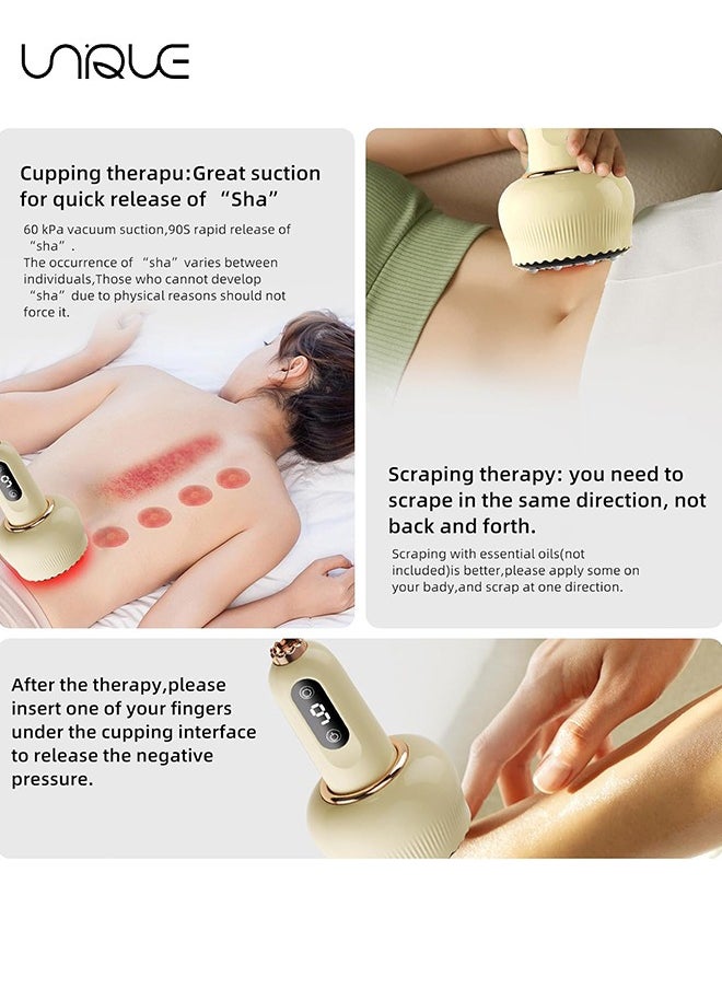 Electric Cupping Massager - 3 in 1 Smart Cupping and Scraping Therapy Set - 9 Levels Temperatures & Suction Gua Sha Scraping Massage Tool with for Back Body Neck Shoulder Muscle Pain Relief（Beige）