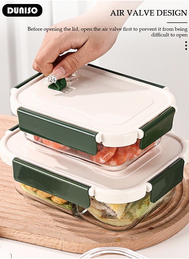 3 PCS Glass Lunch Box, Leak-Proof Bento-Style Food Container with Airtight Lid and Divided, Reusable Airtight Food Storage Box, Food Storage Containers for Microwave, Oven, Freezer and Dishwasher, Glass Meal Prep Containers for Storage/Food Container/Bento Lunch Box