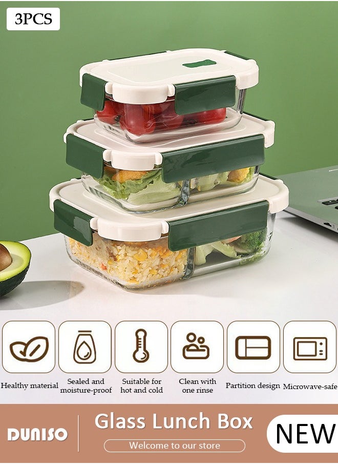 3 PCS Glass Lunch Box, Leak-Proof Bento-Style Food Container with Airtight Lid and Divided, Reusable Airtight Food Storage Box, Food Storage Containers for Microwave, Oven, Freezer and Dishwasher, Glass Meal Prep Containers for Storage/Food Container/Bento Lunch Box