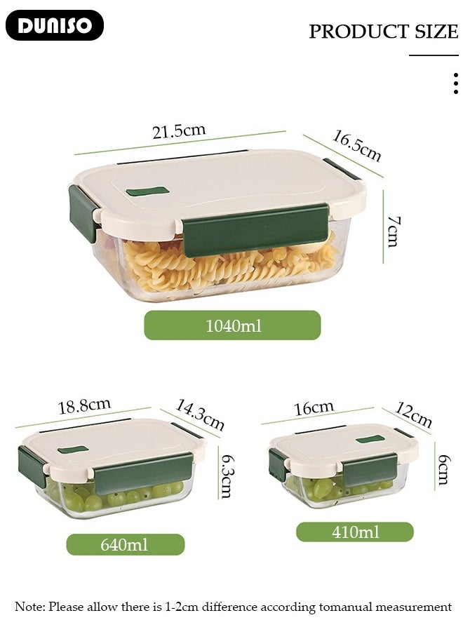 3 PCS Glass Lunch Box, Leak-Proof Bento-Style Food Container with Airtight Lid and Divided, Reusable Airtight Food Storage Box, Food Storage Containers for Microwave, Oven, Freezer and Dishwasher, Glass Meal Prep Containers for Storage/Food Container/Bento Lunch Box