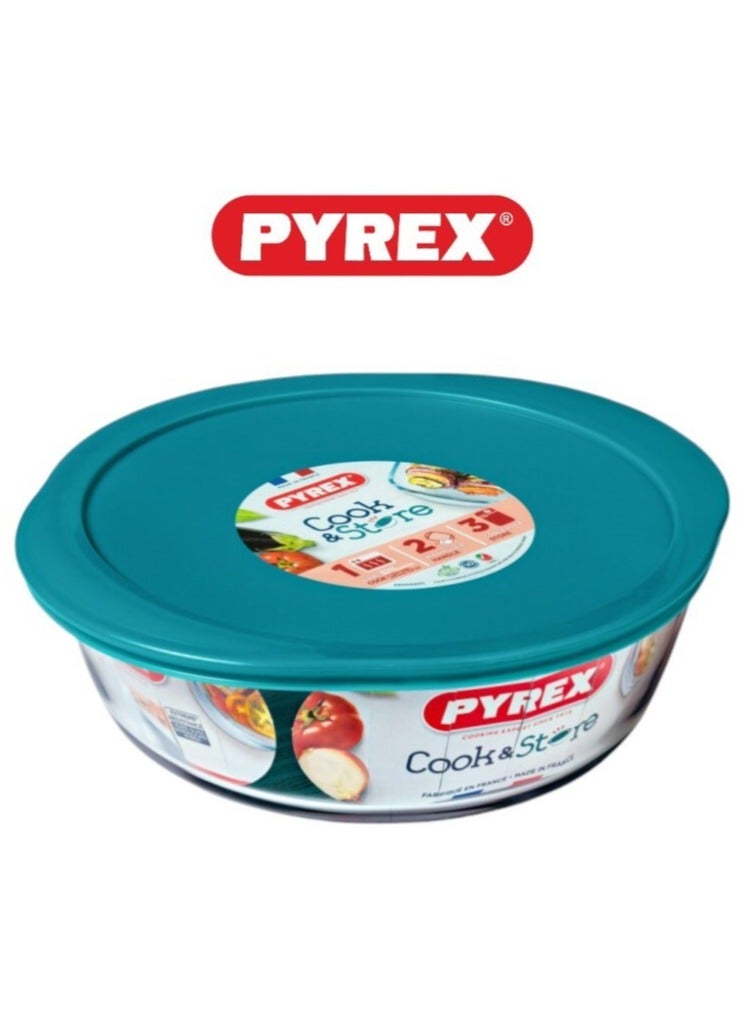 Pyrex Cook & Store Round Roaster with Lid - 2.3L Capacity for Versatile Cooking and Storing Green 2.3Liters