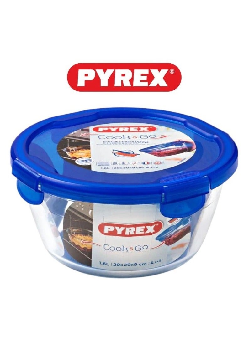 Pyrex Cook & Go Round Storage Dish with Airtight Lid - Versatile Freezer-to-Oven Solution Blue 1.6Liters