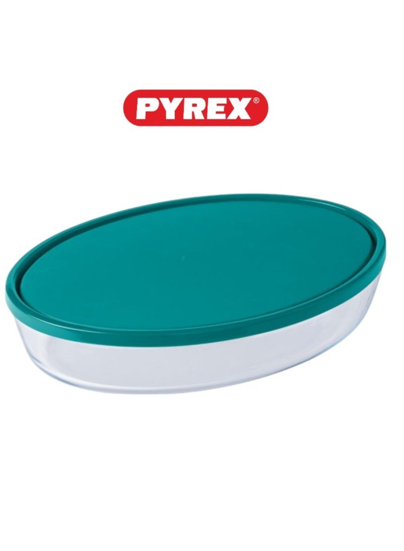 Pyrex Cook & Store XL Oval Roaster with Lid - 3L Capacity (35x24x6cm) for Versatile Cooking and Storing Green 3Liters