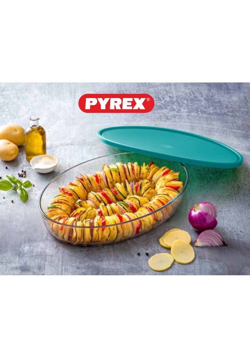 Pyrex Cook & Store XL Oval Roaster with Lid - 3L Capacity (35x24x6cm) for Versatile Cooking and Storing Green 3Liters