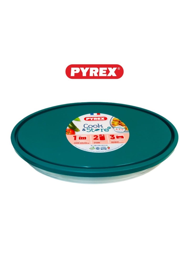 Pyrex Cook & Store XL Oval Roaster with Lid - 3L Capacity (35x24x6cm) for Versatile Cooking and Storing Green 3Liters