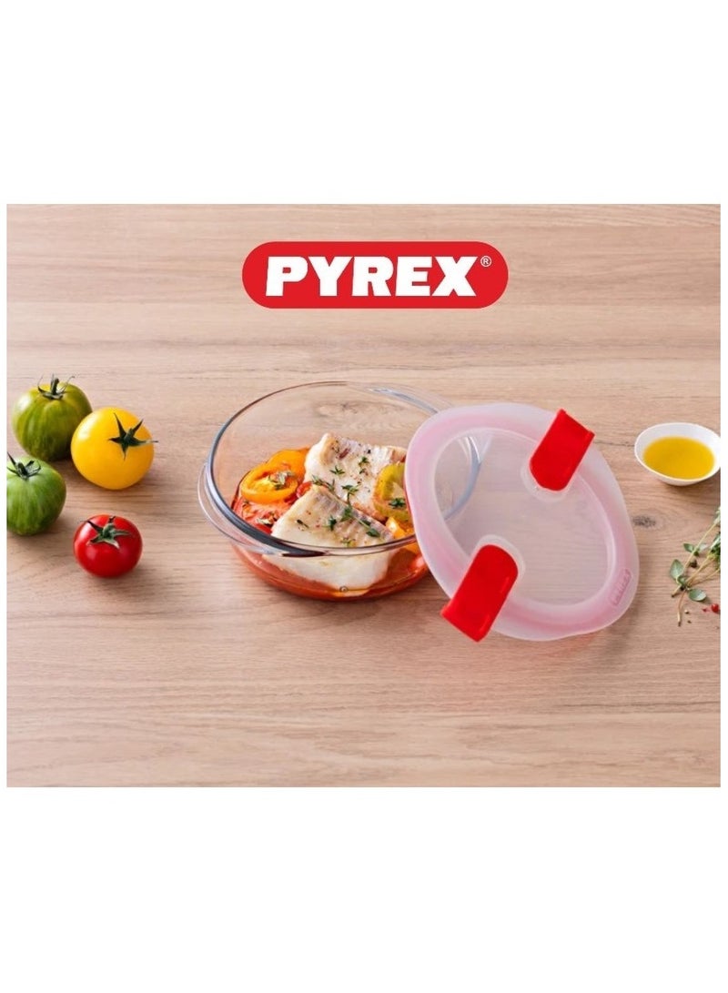 Pyrex Cook&Heat Round Borosilicate Glass Roaster with Airtight Lid, 26x23cm – Oven, Freezer, Microwave Safe White 2Liters