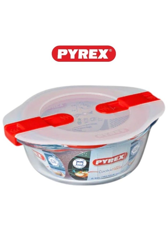 Pyrex Cook&Heat Round Borosilicate Glass Roaster with Airtight Lid, 26x23cm – Oven, Freezer, Microwave Safe White 2Liters