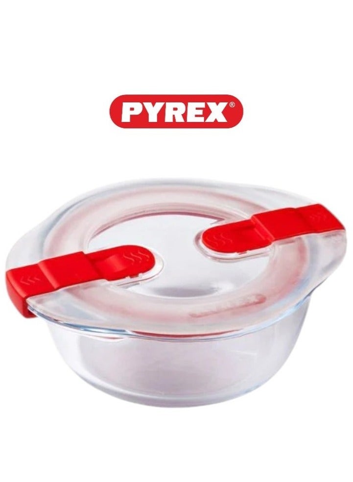 Pyrex Cook&Heat Round Borosilicate Glass Roaster with Airtight Lid, 26x23cm – Oven, Freezer, Microwave Safe White 2Liters