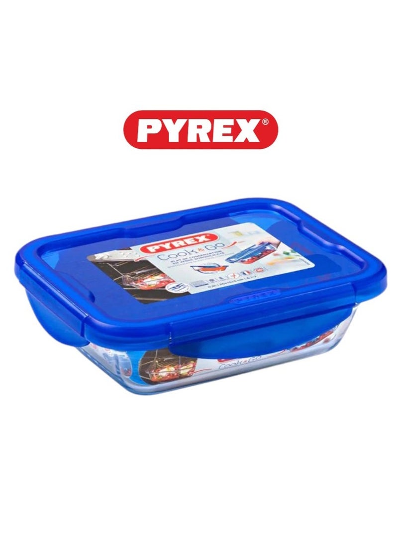 Pyrex Cook&Go 1.7L Rectangle Storage Dish with Airtight Lid - Versatile Freezer-to-Oven Solution Blue 1.7Liters