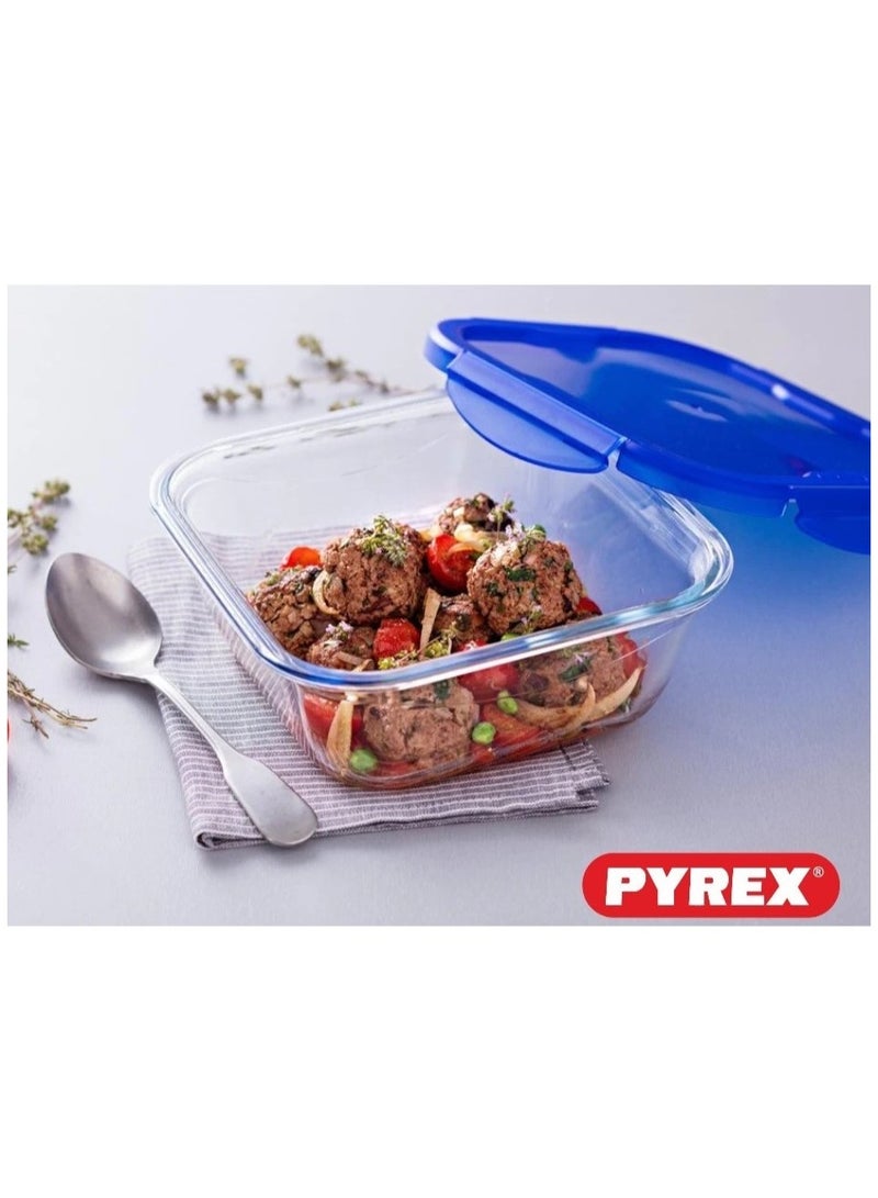 Pyrex Cook&Go 1.5L Square Storage Dish with Airtight Lid - Versatile Freezer-to-Oven Solution Blue 1.5Liters