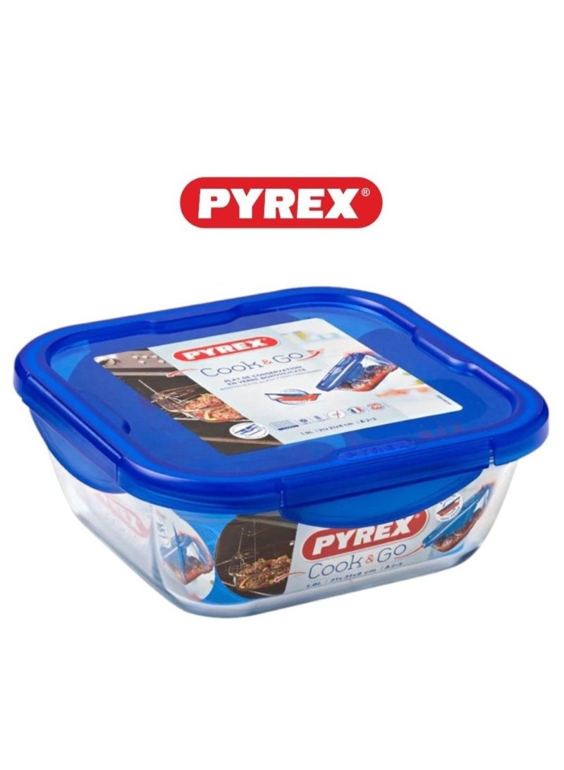 Pyrex Cook&Go 1.5L Square Storage Dish with Airtight Lid - Versatile Freezer-to-Oven Solution Blue 1.5Liters