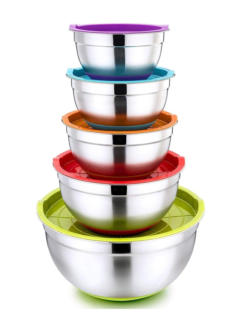 Mixing Bowl Set with Lids, Stainless Steel Stocking Bowls with Measuring and Silicone Gel Bottom, Stackable