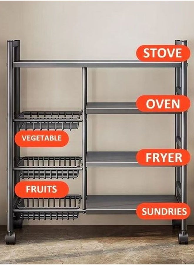 4 Layer Story Kitchen Racks, Storage Racks With Three Mesh Baskets, Strong Load Bearing Capacity, Floor Standing Storage Racks, With Four Wheels For Easy Movement Multi Layer Vegetable Basket Storage Racks Black