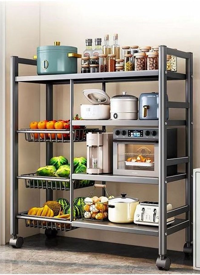 4 Layer Story Kitchen Racks, Storage Racks With Three Mesh Baskets, Strong Load Bearing Capacity, Floor Standing Storage Racks, With Four Wheels For Easy Movement Multi Layer Vegetable Basket Storage Racks Black