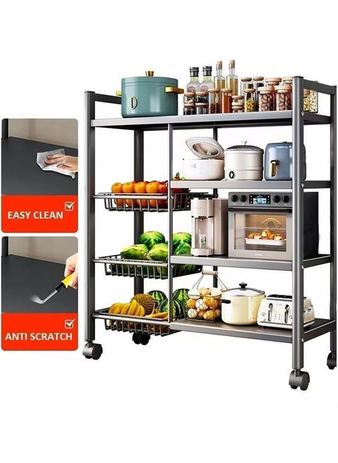 4 Layer Story Kitchen Racks, Storage Racks With Three Mesh Baskets, Strong Load Bearing Capacity, Floor Standing Storage Racks, With Four Wheels For Easy Movement Multi Layer Vegetable Basket Storage Racks Black