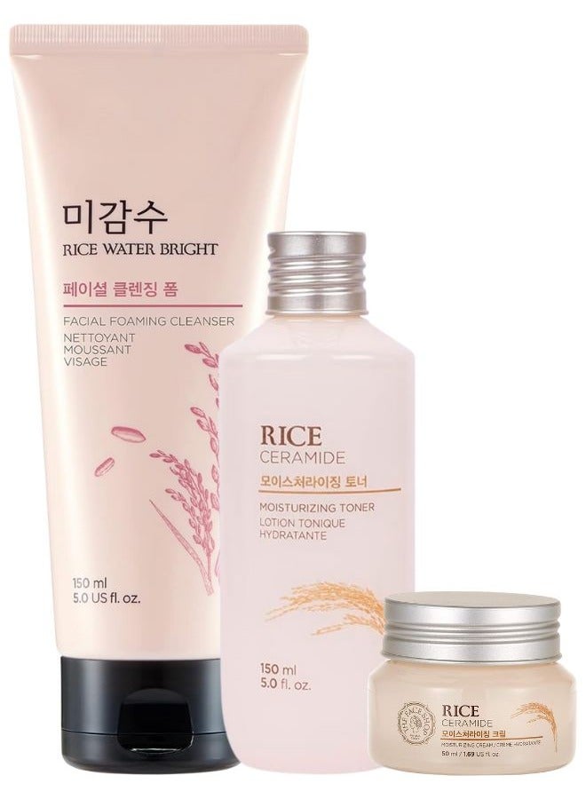 Rice Ceramide Moisturizing Set - (The Face Shop Rice Water Bright Facial Foaming Cleanser 150ml, Rice & Ceramide Moisturizing Toner 150ml, And Rice & Ceramide Moisturizing Cream 50ml) 350ml