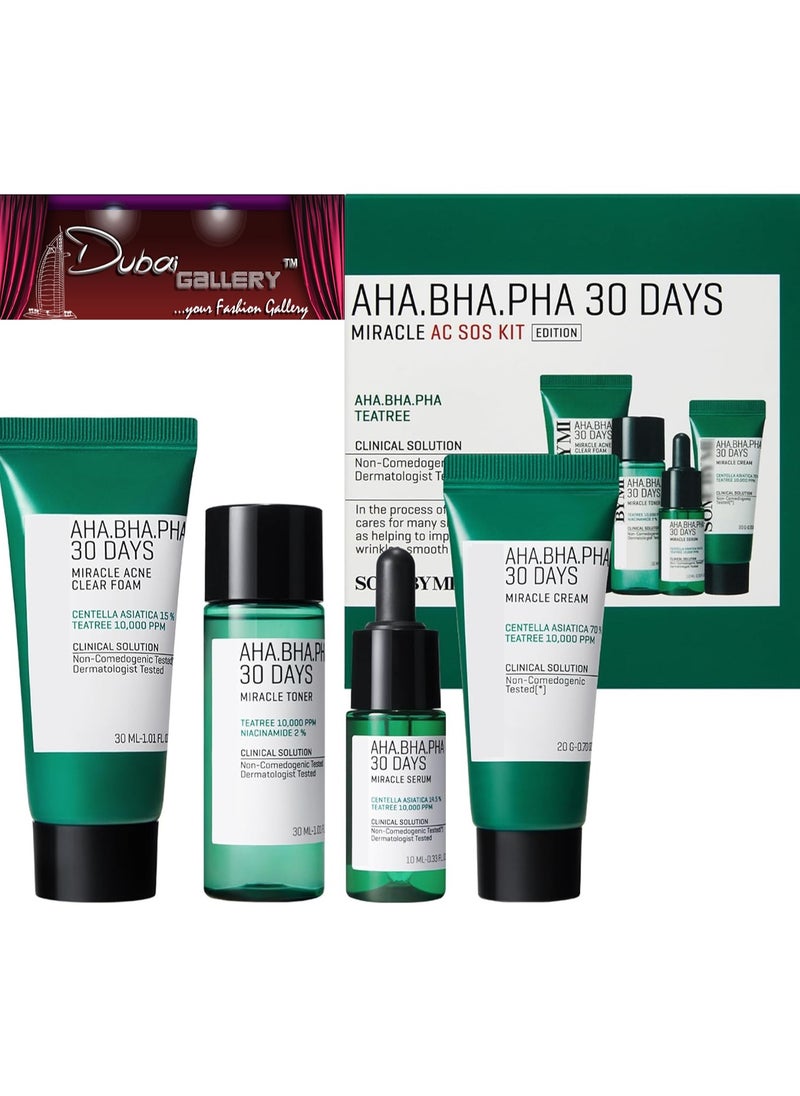 AHA BHA PHA 30Days Miracle AC SOS Kit | Includes Toner 1.01Oz + Serum 0.33Oz + Cream 0.7Oz + Foam 1.01Oz | Mild Exfoliating Daily Skin Care Set For Skin Wastes, Sebum, Oiliness Care