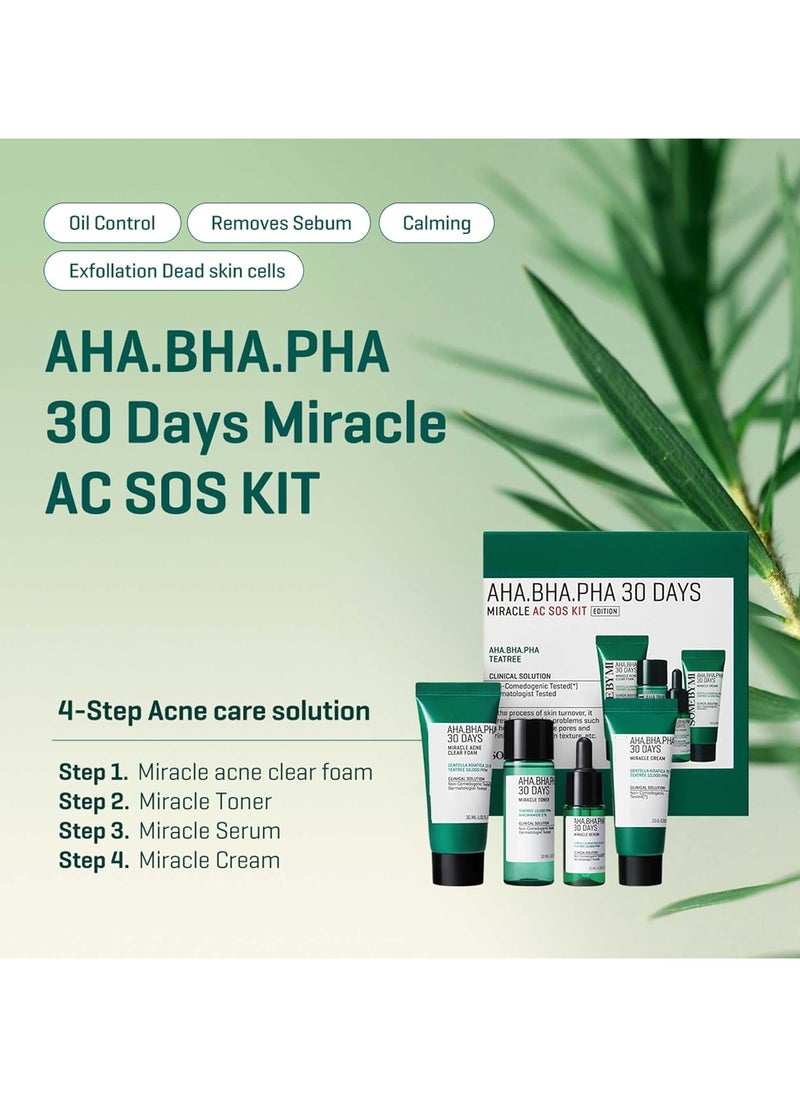 Aha Bha Pha 30Days Miracle Ac Sos Kit - Includes Toner 1.01Oz + Serum 0.33Oz + Cream 0.7Oz + Foam 1.01Oz - Mild Exfoliating Daily Skin Care Set For Skin Wastes, Sebum, Oiliness Care 100ml