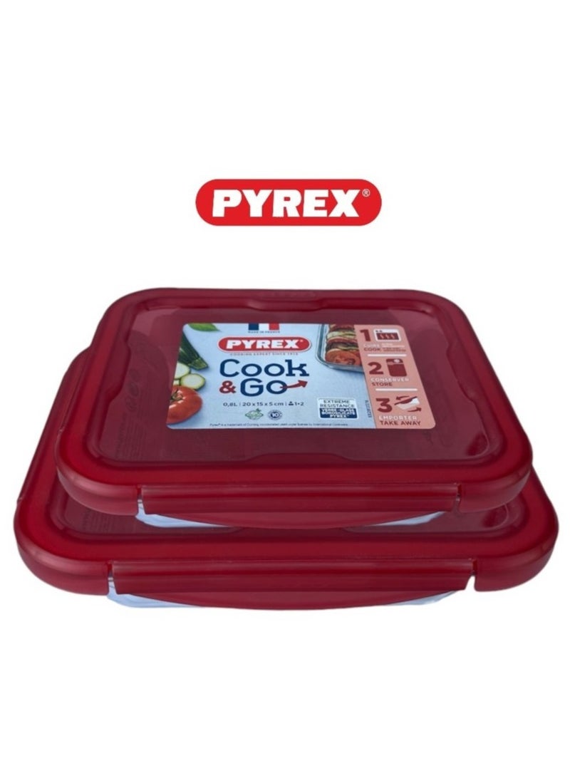 Pyrex Cook & Go Storage Dish Set - 0.8L & 1.9L Rectangular Glass Containers with Airtight Red Lids Red