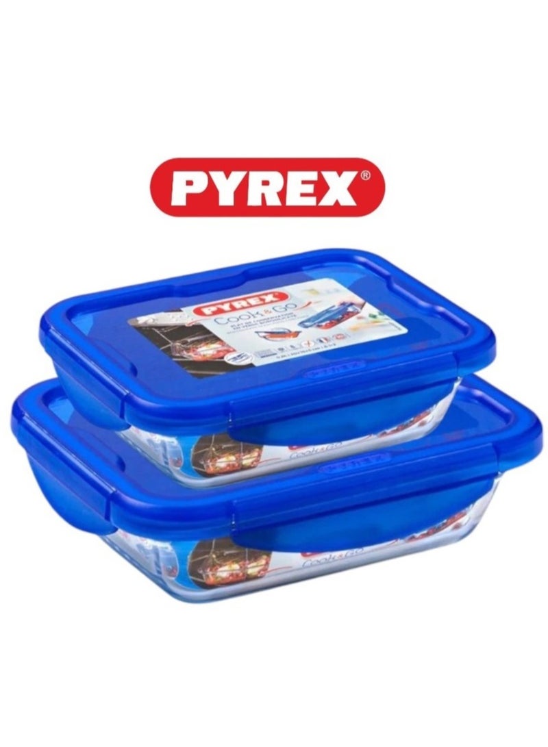 Pyrex Cook & Go Set of 2 (0.8L+1.7L) Rectangle Storage Dish with Airtight Lid - Versatile Freezer-to-Oven Solution Blue