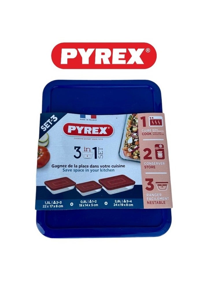 Pyrex 3-in-1 Rectangular Glass Baking Dish Set - 1.5L, 0.8L, and 2.6L with Blue Lids Blue