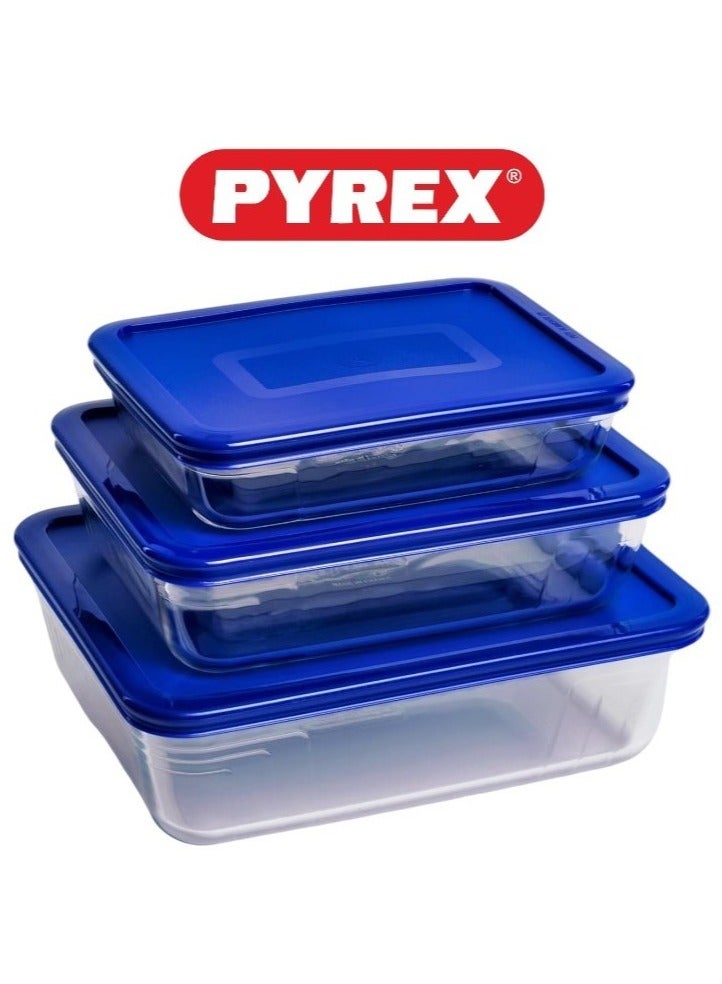 Pyrex 3-in-1 Rectangular Glass Baking Dish Set - 1.5L, 0.8L, and 2.6L with Blue Lids Blue