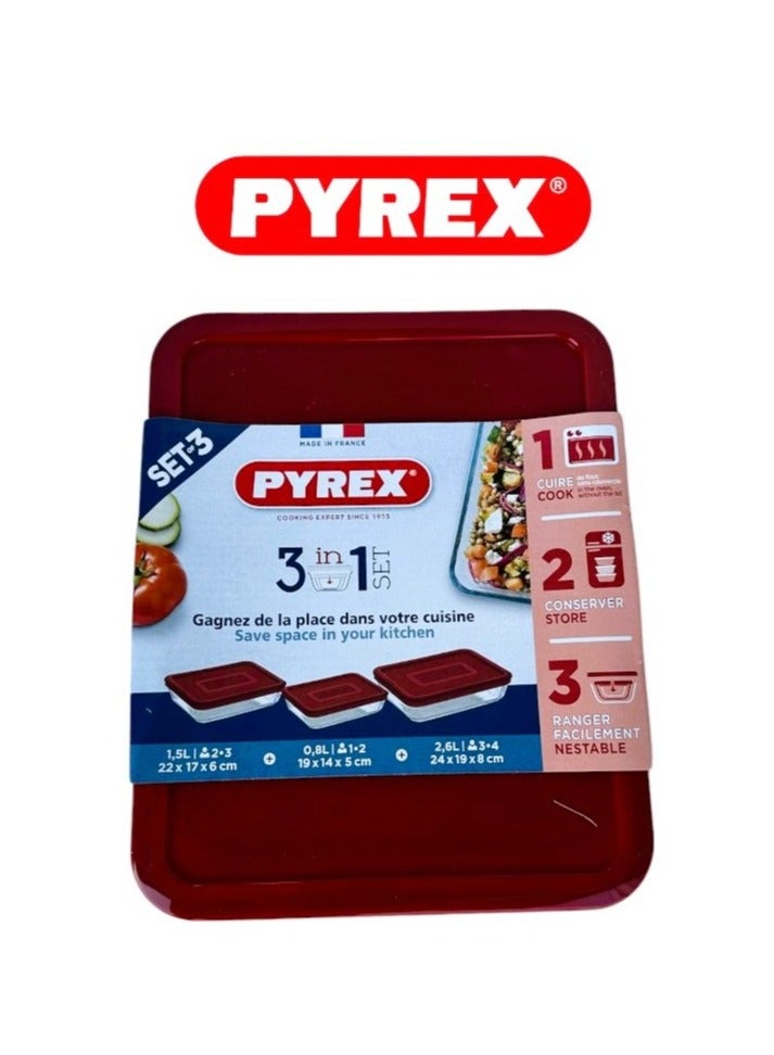 Pyrex 3-in-1 Rectangular Glass Baking Dish Set - 1.5L, 0.8L, and 2.6L with Red Lids Red