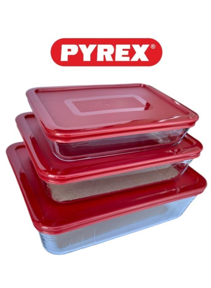 Pyrex 3-in-1 Rectangular Glass Baking Dish Set - 1.5L, 0.8L, and 2.6L with Red Lids Red