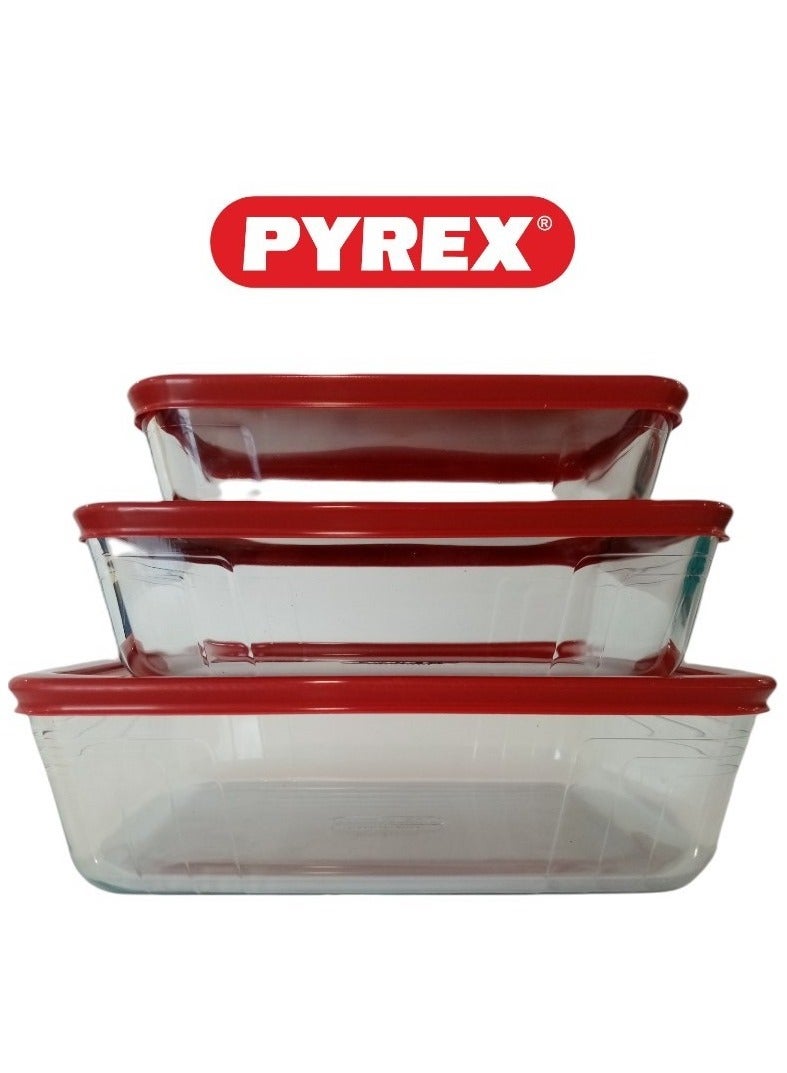 Pyrex 3-in-1 Rectangular Glass Baking Dish Set - 1.5L, 0.8L, and 2.6L with Red Lids Red