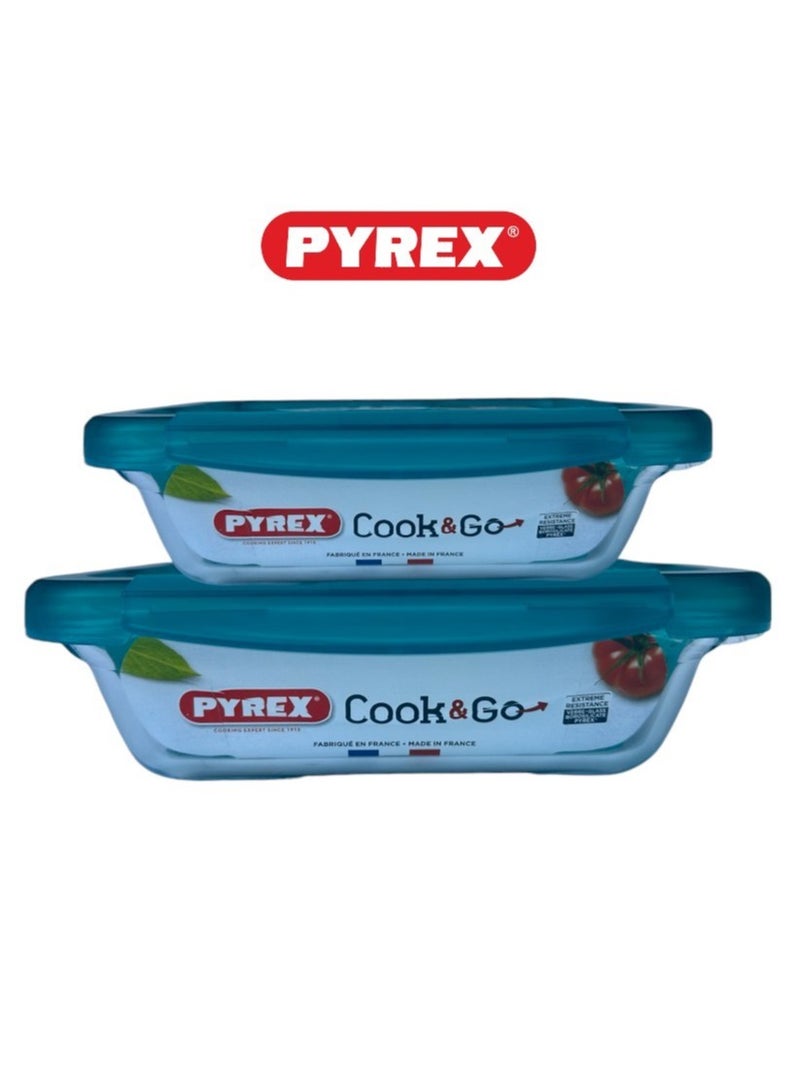 Pyrex Cook & Go Storage Dish Set - 0.8L & 1.9L Rectangular Glass Containers with Airtight Green Lids Green