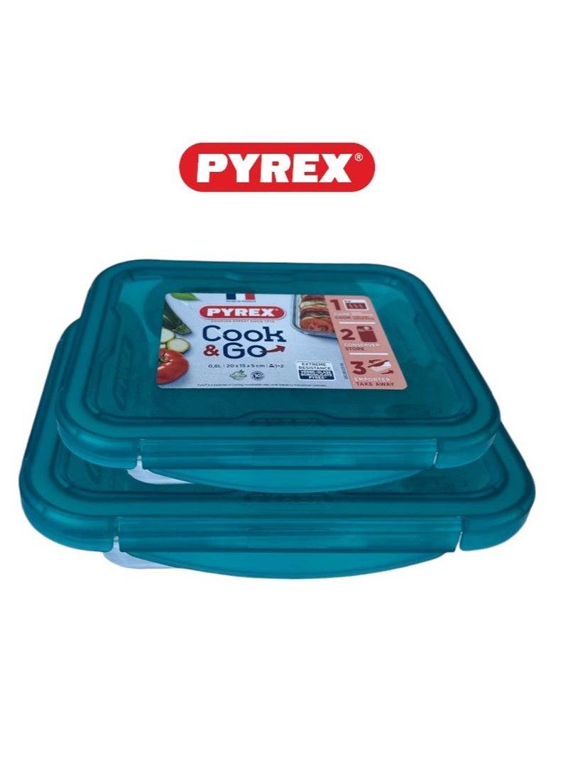 Pyrex Cook & Go Storage Dish Set - 0.8L & 1.9L Rectangular Glass Containers with Airtight Green Lids Green